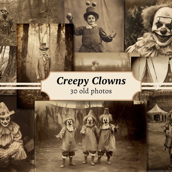 Photos de clowns effrayants, photographies d'horreur imprimables, éphémères de journal indésirable vintage, kit de scrapbooking numérique, feuille de collage hanté, cirque sombre