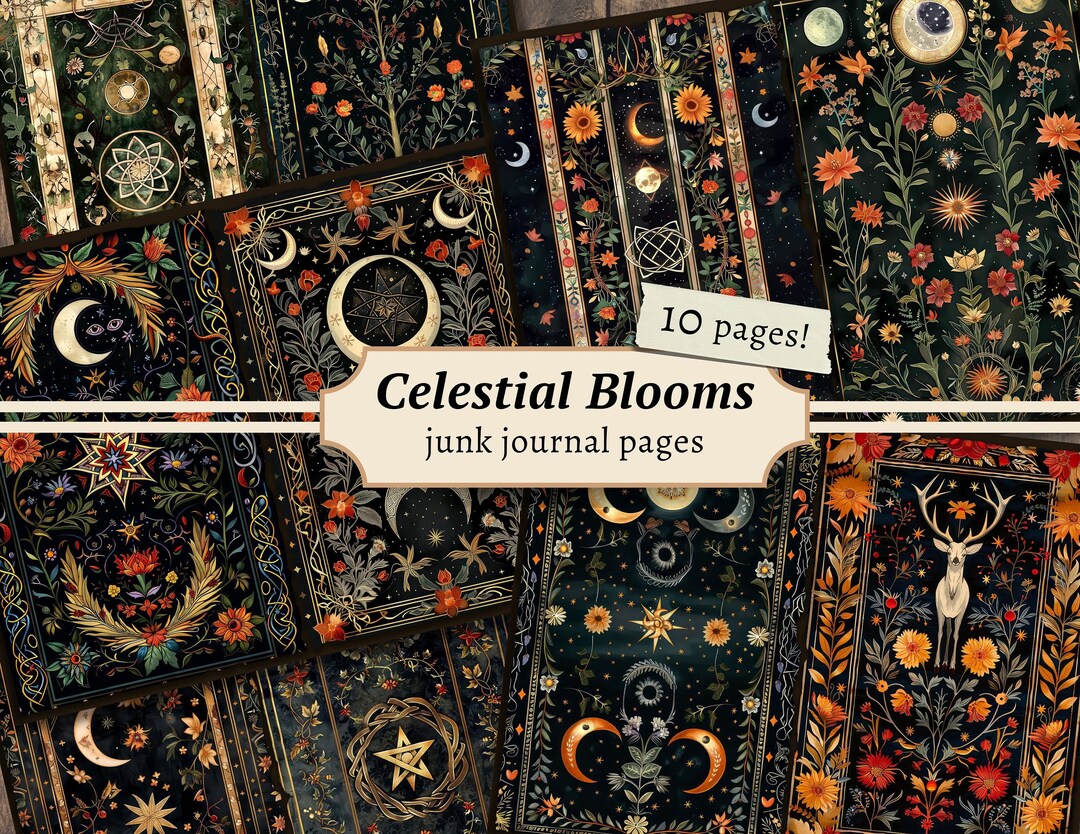 Celestial Blooms Junk Journal Pages, Digital Scrapbook Paper Kit, Moon ...