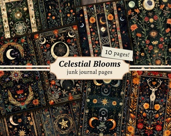 Celestial Blooms Junk Journal Pages, Digital Scrapbook Paper Kit, Moon Printable, Stars Collage Sheet, Dark Mystic Download, Green Witch ATC