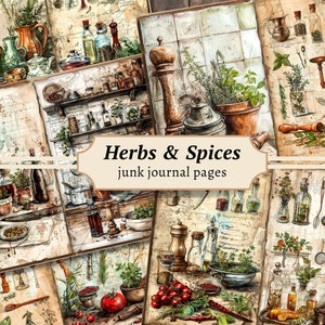 Kruiden en specerijen ongewenste dagboekpagina's, digitale botanische plakboekkit, afdrukbaar kookboek, kookcollageblad, vintage keuken, kortstondige vintage keuken