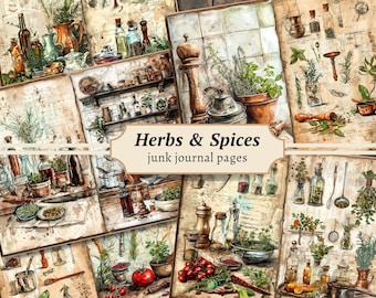 Può includere: Un collage di illustrazioni in stile vintage con erbe e spezie. Le immagini includono varie erbe e spezie in barattoli, bottiglie e ciotole, nonché utensili da cucina e altri oggetti. Il testo "Herbs & Spices junk journal pages" è visualizzato al centro del collage.