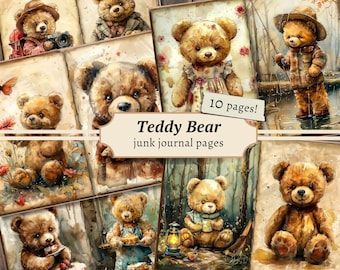 May include: A set of 10 printable junk journal pages featuring watercolor illustrations of teddy bears in various poses and settings. The pages include a teddy bear holding a camera, a teddy bear fishing, a teddy bear reading a book, and a teddy bear enjoying a cup of tea. The pages are perfect for adding a touch of whimsy to your junk journal.