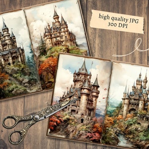 May include: An open book featuring three watercolour illustrations of fairytale castles. Each castle is surrounded by lush greenery and a winding path. The book is on a wooden surface.