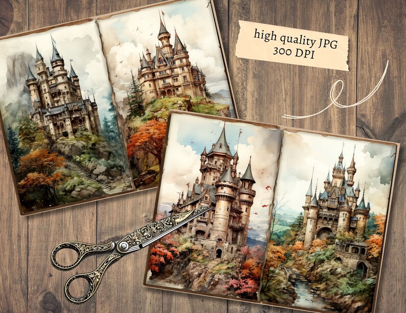 May include: An open book featuring three watercolour illustrations of fairytale castles. Each castle is surrounded by lush greenery and a winding path. The book is on a wooden surface.