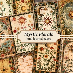 Mystic Florals Junk Journal Pages, Digital Scrapbook Paper Kit, Moon Printable, Celestial Collage Sheet, Sun Download, Vintage Botanical ATC