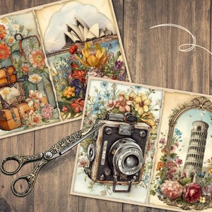 May include: A vintage-style collage featuring three images: a floral arrangement with suitcases, the Sydney Opera House, and the Leaning Tower of Pisa. The collage is decorated with a floral border and a vintage camera.