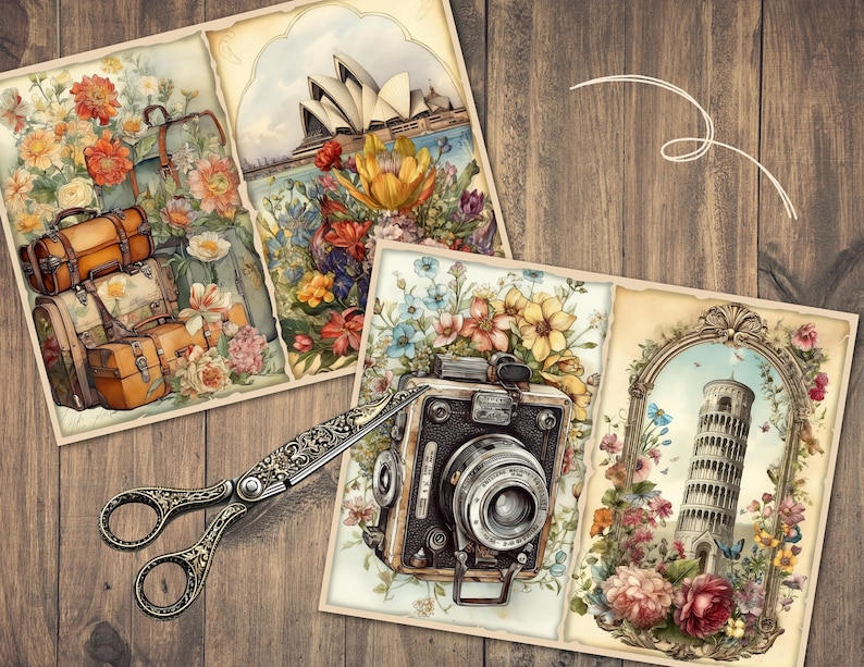 May include: A vintage-style collage featuring three images: a floral arrangement with suitcases, the Sydney Opera House, and the Leaning Tower of Pisa. The collage is decorated with a floral border and a vintage camera.