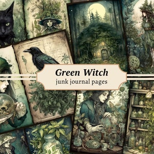 Green Witch Junk Journal Pages, Digital Scrapbook Paper Kit, Printable Spell Book, Potion Collage Sheet, Witchcraft Ephemera, Fantasy Nature