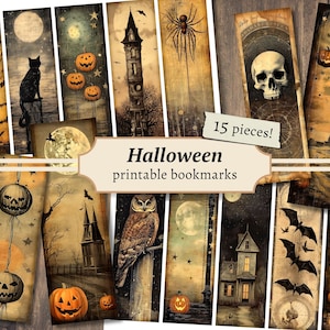 Marcadores imprimibles de Halloween, hoja de collage digital, kit de papel de álbum de recortes espeluznante, etiquetas de diario basura de calabaza, efímera vintage, BOS gótico