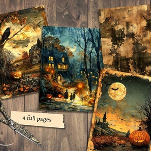 Może przedstawiać: Cztery cyfrowe strony do wydrukowania z ilustracjami o tematyce Halloween. Obrazy przedstawiają nawiedzony dom, dynię, kruka, pełnię księżyca i leśne otoczenie.