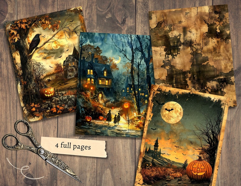 Może przedstawiać: Cztery cyfrowe strony do wydrukowania z ilustracjami o tematyce Halloween. Obrazy przedstawiają nawiedzony dom, dynię, kruka, pełnię księżyca i leśne otoczenie.