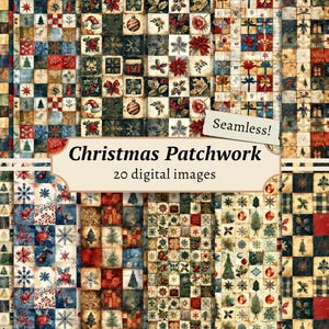 Kerst patchwork digitaal papier, plakboekachtergrond, feestdagen afdrukbaar, kerst naadloze patronen, vintage ongewenste dagboekpagina, kaarten maken