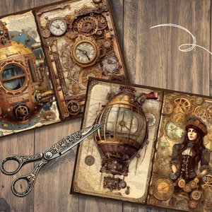 May include: Steampunk-themed paper ephemera with gears, clocks, and a hot air balloon illustration. The image includes open books and decorative scissors on a wooden background. The color palette features browns, tans, and metallic accents.