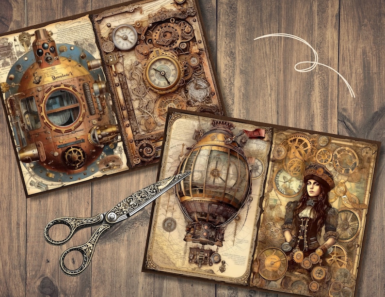 May include: Steampunk-themed paper ephemera with gears, clocks, and a hot air balloon illustration. The image includes open books and decorative scissors on a wooden background. The color palette features browns, tans, and metallic accents.