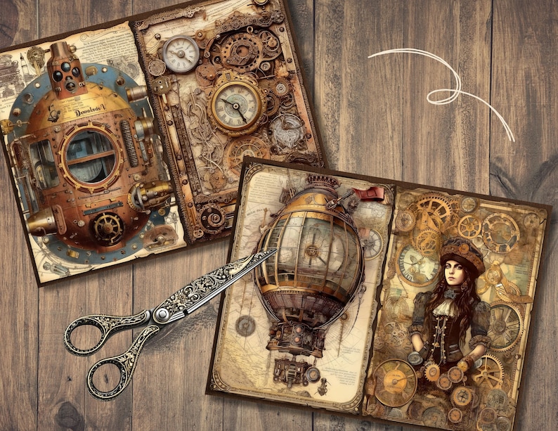 Steampunk Junk Journal Pages, Digital Industrial Paper, Victorian Printable, Digi Collage Sheet, Mechanical Scrapbook Kit, Vintage Ephemera image 3