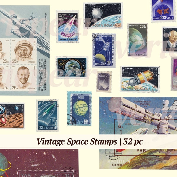 Vintage Space Stamps | 32x | space themed postage stamps | digital download old stamps | printable paper ephemera | clipart astronauts