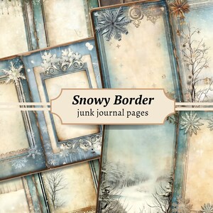 Pages de journal indésirable bordure enneigée, kit de papier de scrapbooking numérique, imprimable hiver, feuille de collage forêt de neige, éphémères vintage, carte à télécharger