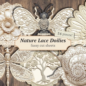 Guardanapos de renda Nature com cortes delicados, itens digitais, imprimíveis vintage, kit de diário de borboletas, papel para scrapbook botânico, folha de colagem de abelhas