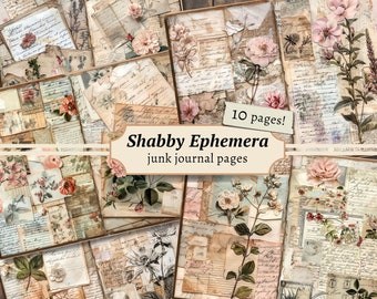 Shabby Ephemera Junk Journal Pages, Digital Scrapbook Paper, Pastel Rose Printable, Vintage Floral Collage Sheet, Antique Ledger Download
