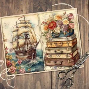 May include: A vintage illustration of a tall ship sailing on the ocean with a bouquet of flowers and a stack of vintage suitcases on the right side of the image.