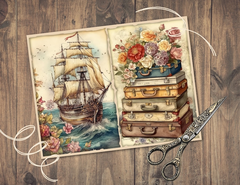 May include: A vintage illustration of a tall ship sailing on the ocean with a bouquet of flowers and a stack of vintage suitcases on the right side of the image.