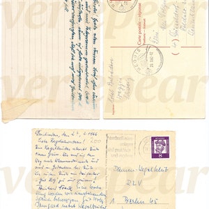 May include: A vintage postcard with a blue stamp featuring a portrait of a man. The postcard is addressed to a person in D&uuml;sseldorf, Germany. The text on the postcard reads "Liebe Regelschwestern! 200 Hausbriefkasten sind praktisch und modern. Damcu-Kefal klub RLV Berlin 45 Hortensienstr. 29 Schnitzel-Restaurant".