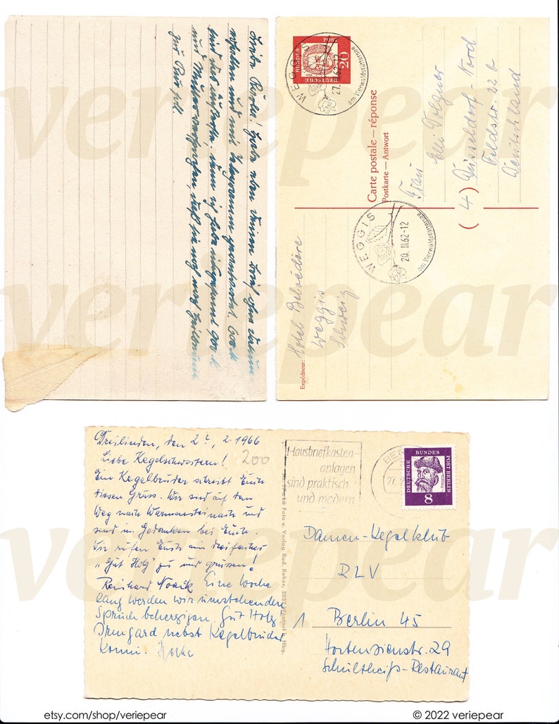 May include: A vintage postcard with a blue stamp featuring a portrait of a man. The postcard is addressed to a person in D&uuml;sseldorf, Germany. The text on the postcard reads "Liebe Regelschwestern! 200 Hausbriefkasten sind praktisch und modern. Damcu-Kefal klub RLV Berlin 45 Hortensienstr. 29 Schnitzel-Restaurant".