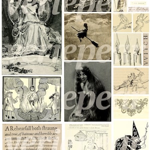 May include: A collage of vintage illustrations depicting witches and witchcraft. The images include a witch on a broomstick, a witch burning at the stake, and a witch with a pointed hat and a staff. The text "The Amber Witch" is visible in the top right corner of the collage.