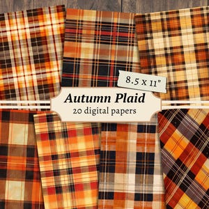 Papéis digitais xadrez de outono, kit de scrapbook, impressão de tartan de outono, página de diário de lixo, folha de outono, fabricação de cartões xadrez de búfalo