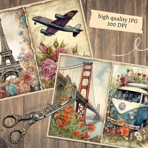 May include: Three vintage-style postcards with floral borders. The first postcard features the Eiffel Tower in Paris, the second features the Golden Gate Bridge in San Francisco, and the third features a blue and white vintage van with flowers on top.