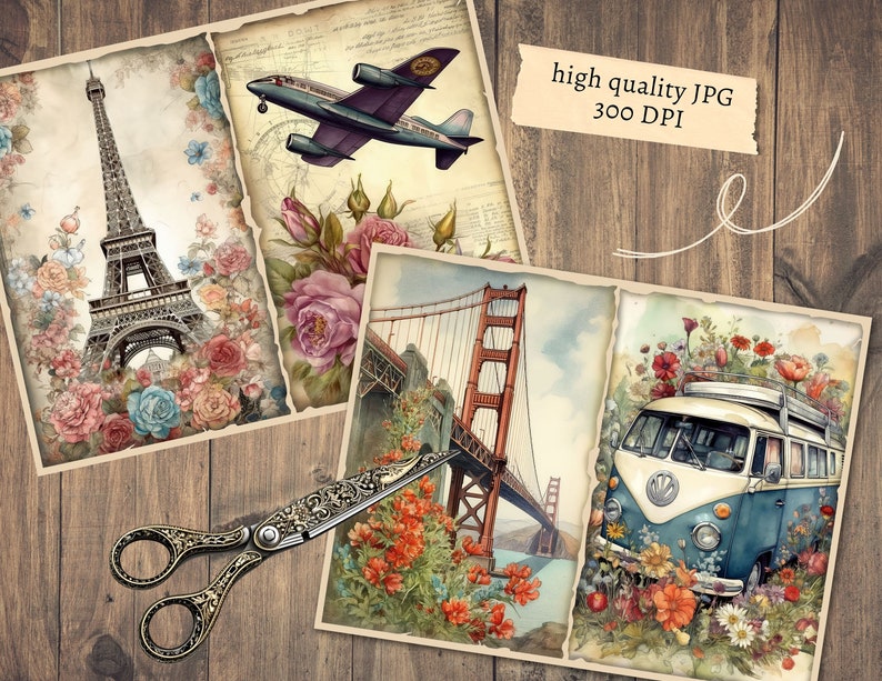 May include: Three vintage-style postcards with floral borders. The first postcard features the Eiffel Tower in Paris, the second features the Golden Gate Bridge in San Francisco, and the third features a blue and white vintage van with flowers on top.