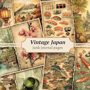 Pagine di diario spazzatura vintage del Giappone, kit di carta per album digitali, oggetti effimeri giapponesi, foglio di collage stampabile, sfondo asiatico, stampe orientali