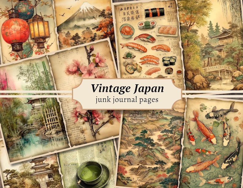 Vintage Japan Junk Journal Pages, Digital Scrapbook Paper Kit, Japanese Ephemera, Printable Collage Sheet, Asian Background, Oriental Prints zdjęcie 1