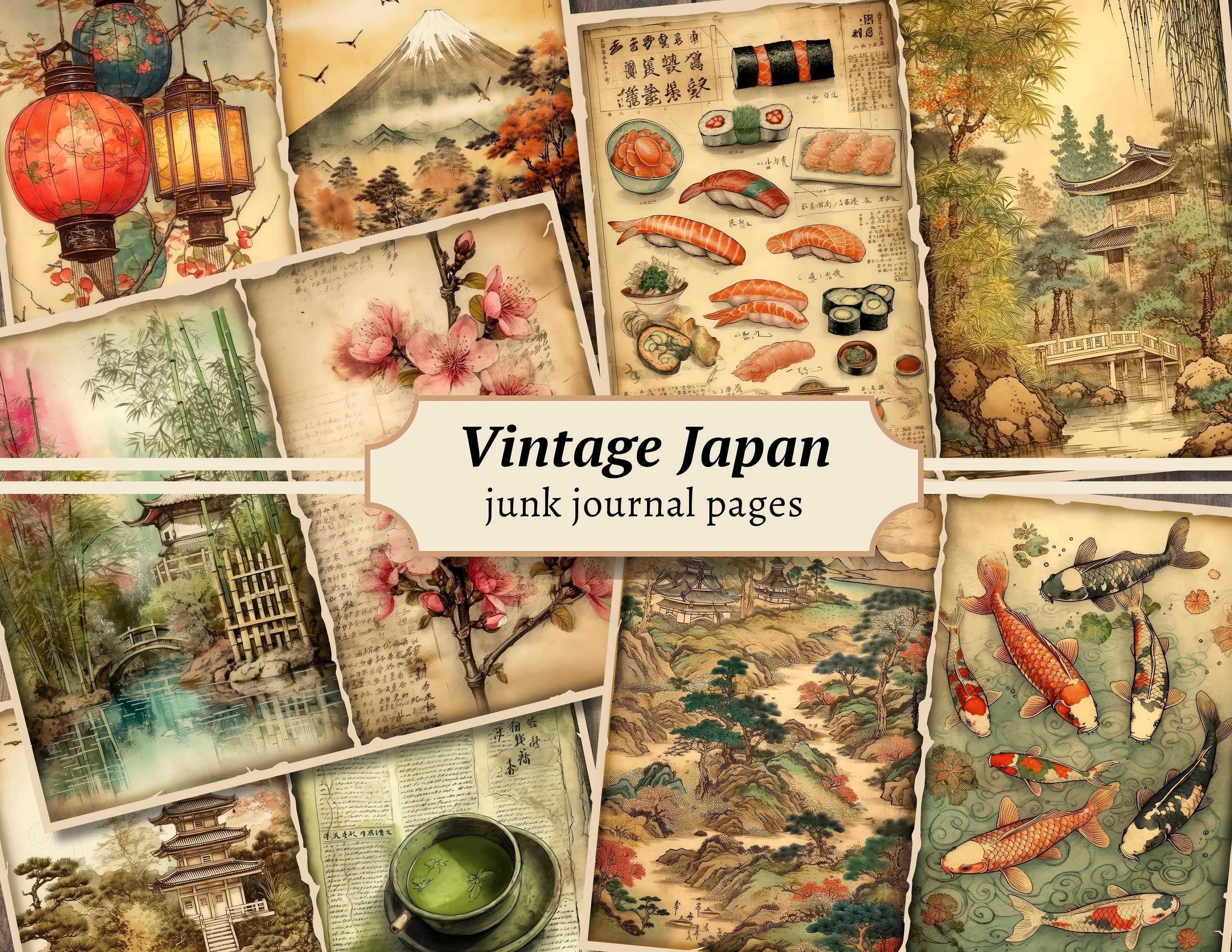 Vintage Japan Junk Journal Pages, Digital Scrapbook Paper Kit, Japanese Ephemera, Printable Collage Sheet, Asian Background, Oriental Prints