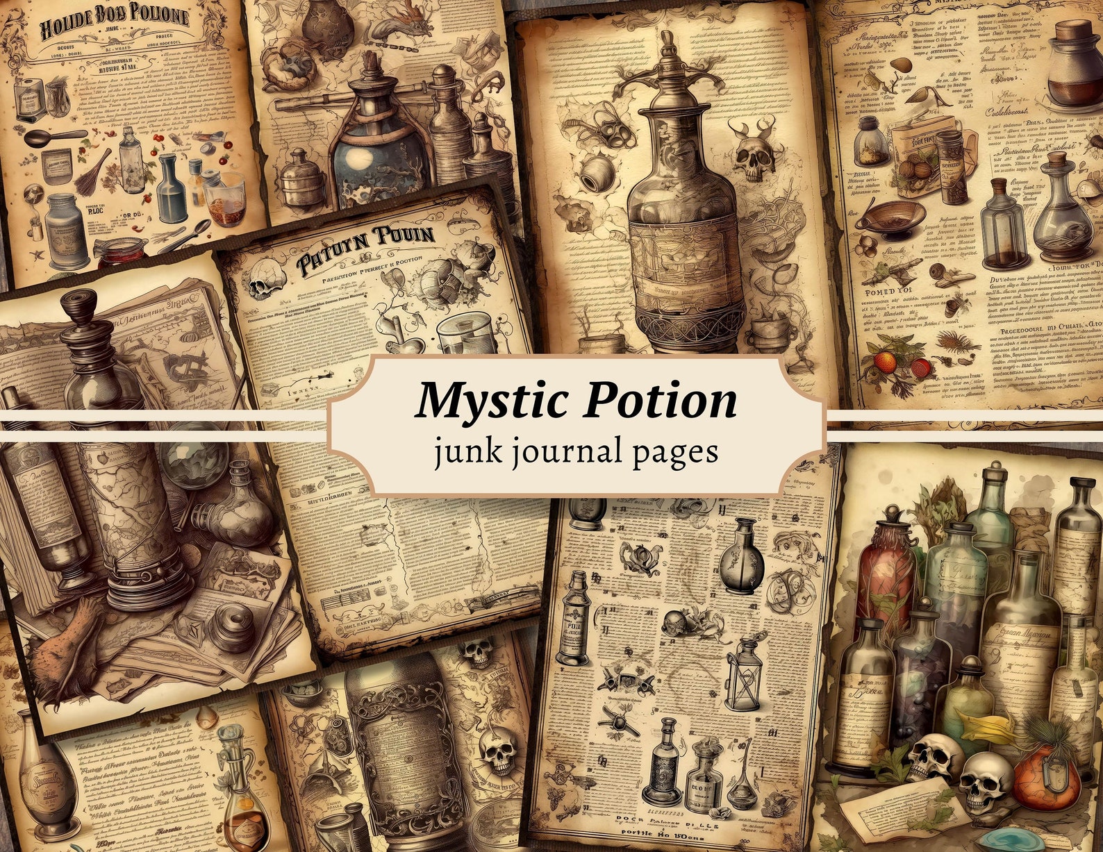 Mystic Potion Junk Journal Pages, Digital Scrapbook Paper Kit, Vintage ...