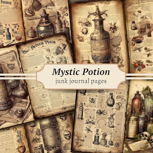Pages de journal indésirable de potion mystique, kit de papier de scrapbooking numérique, éphémères vintage, feuille de collage de sorcière, livre de sorts magiques, alchimie imprimable