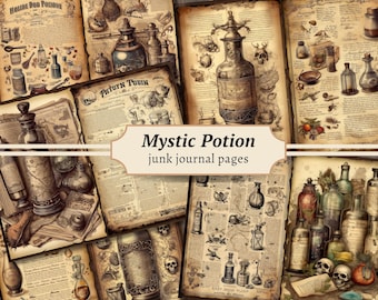 Mystic Potion Junk Journal Pages, Digital Scrapbook Paper Kit, Vintage Ephemera, Witchy Collage Sheet, Magic Spell Book, Alchemy Printable