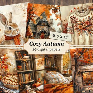 Cozy Autumn Digital Papers, kit per album di ritagli autunnali, stampabili autunnali, pagina di diario spazzatura, foglio collage di zucche, biglietti con foglie, effimeri vintage