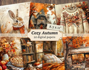 Papeles digitales acogedores de otoño, kit de álbum de recortes de otoño, imprimible de otoño, página de diario basura, hoja de collage de calabaza, tarjetas de hojas, material efímero vintage