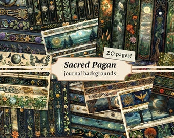Sacred Pagan Backgrounds, Mystic Moon Junk Journal Pages, Digital Scrapbook Paper Kit, Celestial Printable, Collage Sheet, Green Witch BOS