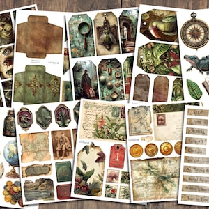 Może przedstawiać: Kolekcja ephemer&oacute;w w stylu vintage, w tym tagi, etykiety i elementy dekoracyjne. Projekty zawierają antyczne mapy, ilustracje botaniczne i grafikę o tematyce przygodowej w odcieniach brązu, zieleni i sepii. Przedmioty obejmują kompas, lupę i zabytkowego odkrywcę.
