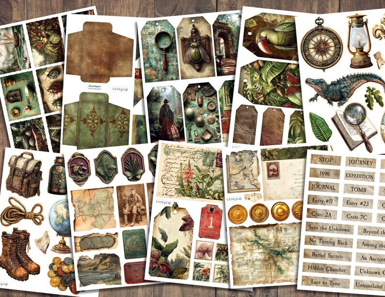 Może przedstawiać: Kolekcja ephemer&oacute;w w stylu vintage, w tym tagi, etykiety i elementy dekoracyjne. Projekty zawierają antyczne mapy, ilustracje botaniczne i grafikę o tematyce przygodowej w odcieniach brązu, zieleni i sepii. Przedmioty obejmują kompas, lupę i zabytkowego odkrywcę.