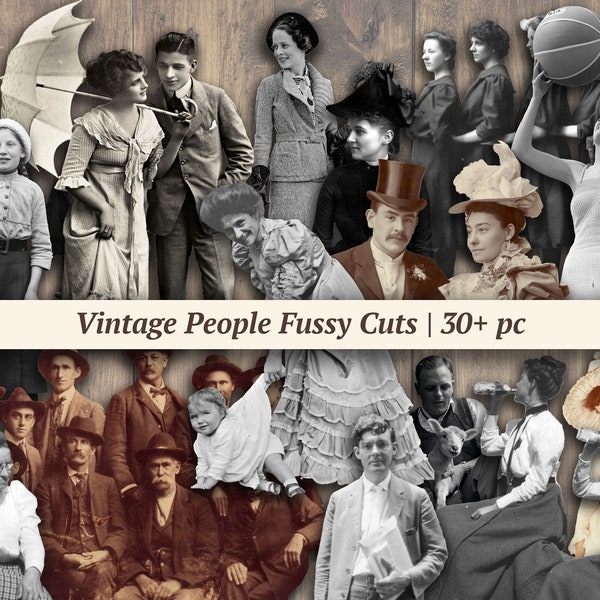 Vintage People Fussy Cut / 30+ pc / efímera de diario basura digital, imágenes de álbumes de recortes imprimibles, hoja de collage victoriano, muñecas de papel antiguas