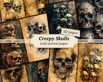Creepy Skulls Junk Journal Pages, digital scrapbook paper kit, gothic printable, grimoire collage sheet, dark halloween download, skeleton
