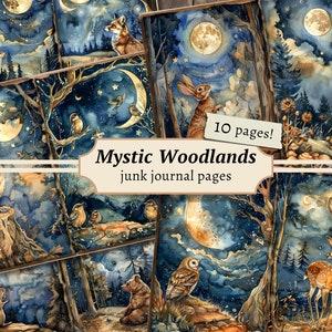 Mystic Woodlands Junk Journal Pages, kit de papel de álbum de recortes digital, animales del bosque imprimibles, hoja de collage vintage, descarga de bosque nocturno