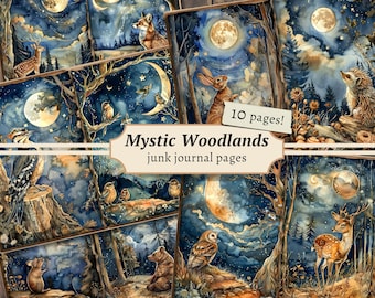 Mystic Woodlands Junk Journal Pages, digital scrapbook paper kit, woodland animals printable, vintage collage sheet, night forest download