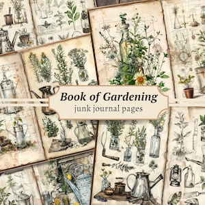 Boek van tuinieren ongewenste dagboekpagina's, digitale plakboekkit, afdrukbare tuinman, collageblad aquarel plant, vintage botanische tuin