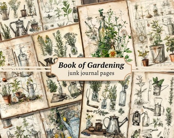 Book of Gardening Junk Journal Pages, Digital Scrapbook Paper Kit, Gardener Printable, Watercolor Plant Collage Sheet, Vintage Botany Garden