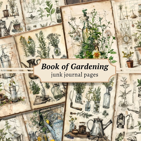 Book of Gardening Junk Journal Pages, Digital Scrapbook Paper Kit, Gardener Printable, Watercolor Plant Collage Sheet, Vintage Botany Garden