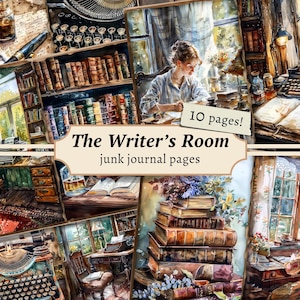 The Writer's Room Junk Journal Pages, digitaal plakboek, bibliotheekpapierkit, Victoriaanse dame afdrukbaar, vintage efemere verschijnselen, collageblad boeken